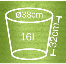 Obrázek rozměrů květináče: průměr 38 centimetrů, výška 32 centimetrů, objem 16 litrů