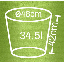 Nákres květináče s rozměry: průměr 48 cm, výška 42 cm, objem 34,5 litru