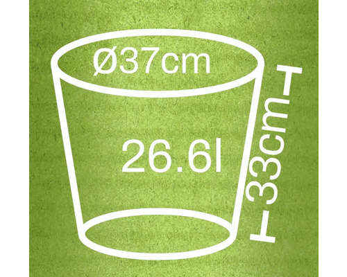 Obrázek rozměrů květináče: průměr 37 cm, výška 33 cm, objem 26,61 litru