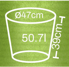 Technický nákres květináče s rozměry průměr 47 centimetrů, výška 39 centimetrů a objem 50,7 litru