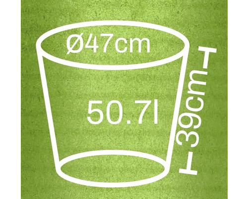 Technický nákres květináče s rozměry průměr 47 centimetrů, výška 39 centimetrů a objem 50,7 litru