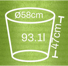 Rozměry květináče: průměr 58 cm, výška 47 cm, objem 93,1 litrů