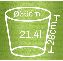 Nákres květináče o rozměrech průměr 36 cm, výška 28 cm a objem 21,41 litru