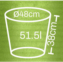 Technický nákres květináče s rozměry 48 centimetrů v průměru, 38 centimetrů na výšku a objemem 51,51 litru