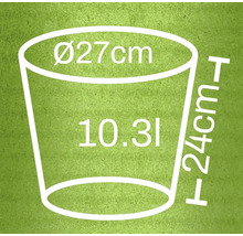 Diagram s rozměry květináče: průměr 27 centimetrů, výška 24 centimetrů, objem 10,3 litru