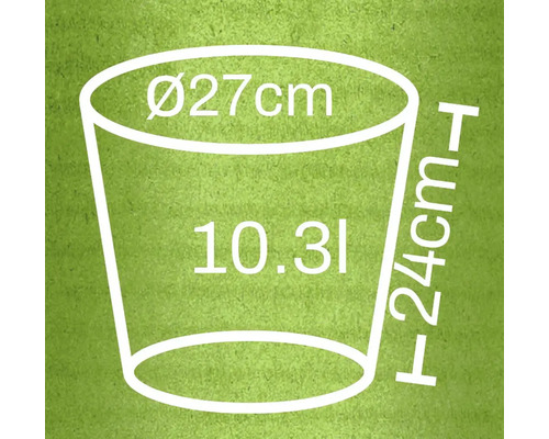 Diagram s rozměry květináče: průměr 27 centimetrů, výška 24 centimetrů, objem 10,3 litru