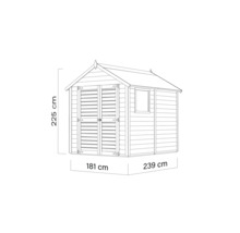 Obrázek zahradního domku o rozměrech 225 cm výška, 181 cm šířka a 239 cm hloubka