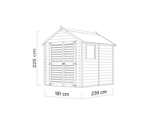 Obrázek zahradního domku o rozměrech 225 cm výška, 181 cm šířka a 239 cm hloubka