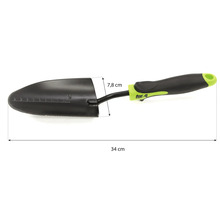 Zahradní lopatka o délce 34 cm a šířce listu 7,8 cm.