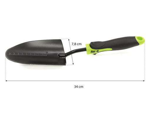 Zahradní lopatka o délce 34 cm a šířce listu 7,8 cm.