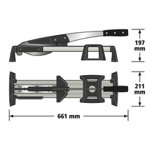 Řezačka na laminát s rozměry: délka 661 milimetrů, výška 197 milimetrů a šířka 211 milimetrů.