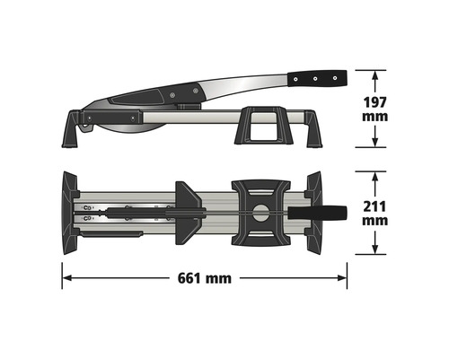 Řezačka na laminát s rozměry: délka 661 milimetrů, výška 197 milimetrů a šířka 211 milimetrů.