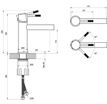 Technický výkres umyvadlové baterie s rozměry v milimetrech. Celková výška 220 milimetrů, výška výtoku 114 milimetrů.