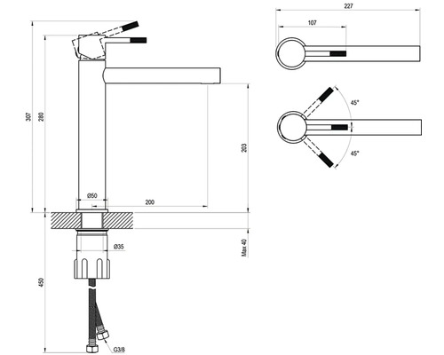 Technický výkres umyvadlové baterie s rozměry v milimetrech. Celková výška 307, výška výtoku 203, vyložení 200.