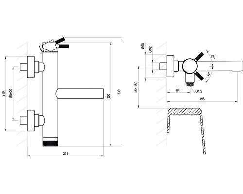 Technický výkres nástěnné baterie s rozměry v milimetrech.