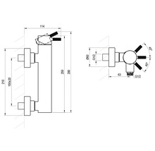 Technický nákres nástěnné baterie s rozměry v milimetrech.
