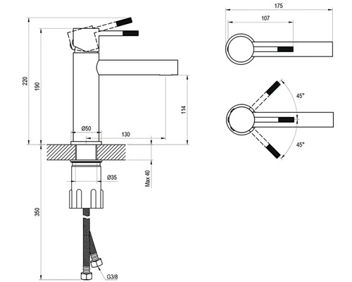 Technický výkres umyvadlové baterie s rozměry v milimetrech. Celková výška 220 milimetrů, výška výtoku 114 milimetrů.