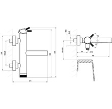 Technický výkres s rozměry v milimetrech pro nástěnnou baterii.