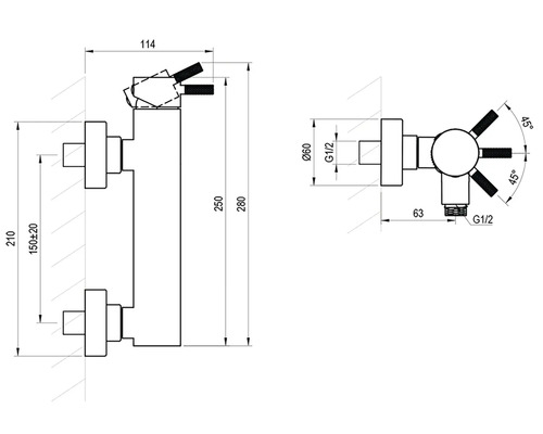 Technický nákres nástěnné baterie s rozměry v milimetrech.