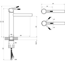 Technický nákres umyvadlové baterie v milimetrech: celková výška 307, výška výtoku 203, vyložení 200, připojení tři osminy palce.