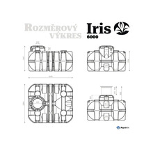 Rozměrový výkres nádrže na vodu Iris 6000 od Aquanix s pohledem shora, z boku a zepředu.