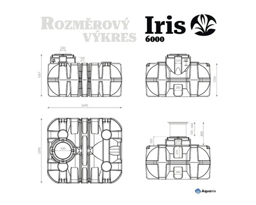 Rozměrový výkres nádrže na vodu Iris 6000 od Aquanix s pohledem shora, z boku a zepředu.