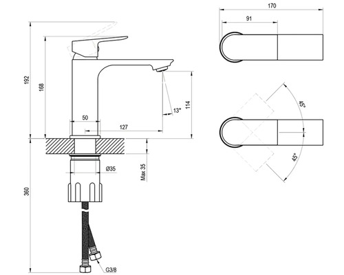 Technický výkres umyvadlové baterie s detailními rozměry v milimetrech a stupních.