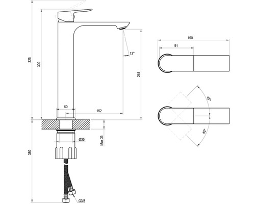 Technický výkres umyvadlové baterie s vysokým výtokem a detailními rozměry v milimetrech.