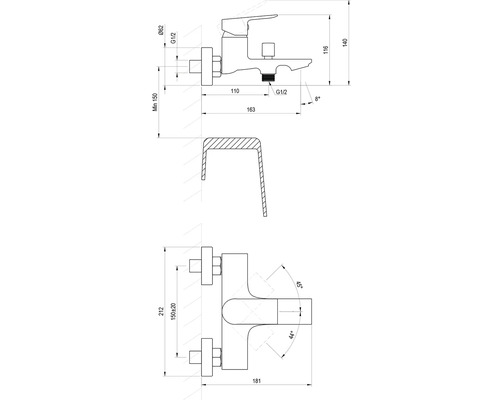 Technický výkres vanové baterie s rozměry v milimetrech pro vyložení, šířku a montáž.