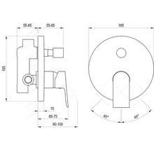 Technický výkres podomítkové armatury s rozměry v milimetrech. Přední a boční pohled s rozsahem otáčení 45 stupňů.