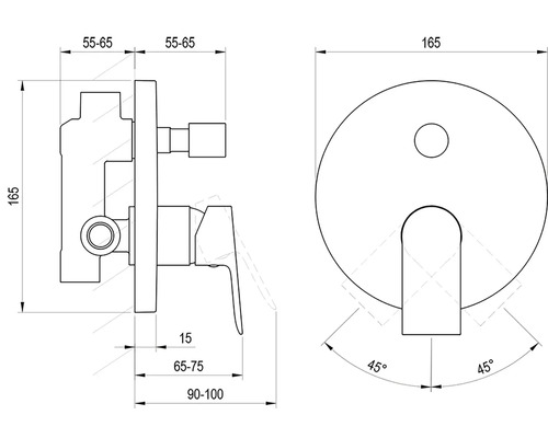 Technický výkres podomítkové armatury s rozměry v milimetrech. Přední a boční pohled s rozsahem otáčení 45 stupňů.