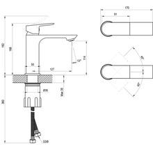 Technický výkres umyvadlové baterie s rozměry v milimetrech, výška sto devadesát dva, vyložení sto dvacet sedm.