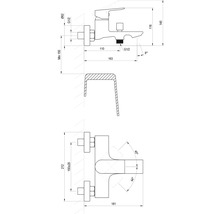 Technický výkres vanové baterie s rozměry. Vyložení 163 milimetrů, rozteč 150 plus minus 20 milimetrů.