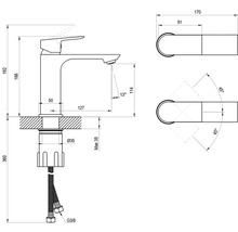 Technický výkres umyvadlové baterie v milimetrech: celková výška 192, výška výtoku 114, vyložení 127, připojení G tři osminy.