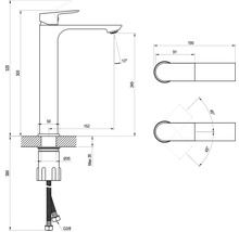 Technický nákres vysoké umyvadlové baterie s rozměry v milimetrech pro výšku, vyložení a montáž.