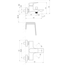 Technický výkres pákové vanové baterie pro nástěnnou montáž s rozměry v milimetrech. Boční a horní pohled.