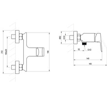 Technický výkres sprchové baterie s rozměry v milimetrech: rozteč 150 milimetrů, vyložení 165 milimetrů, přípojka G 1/2.
