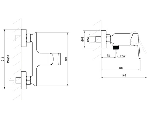 Technický výkres sprchové baterie s rozměry v milimetrech: rozteč 150 milimetrů, vyložení 165 milimetrů, přípojka G 1/2.