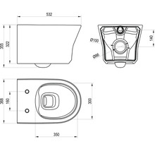 Technický nákres závěsného WC s pohledy shora, ze strany a zezadu včetně rozměrů v milimetrech.