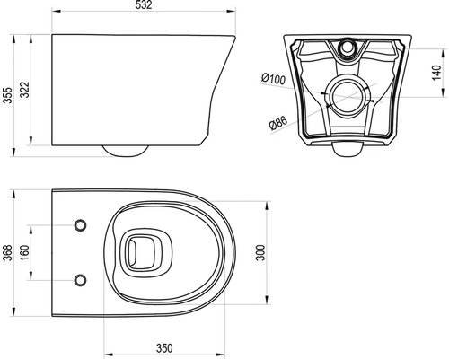 Technický nákres závěsného WC s pohledy shora, ze strany a zezadu včetně rozměrů v milimetrech.