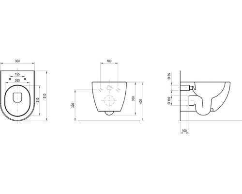 Technický výkres závěsného WC s horním, předním a bočním pohledem včetně rozměrů v milimetrech.