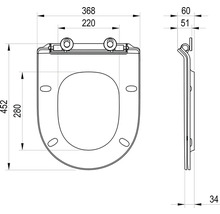 Technický výkres toaletního sedátka s rozměry: šířka 368 milimetrů, délka 452 milimetrů, rozteč otvorů 220 milimetrů.