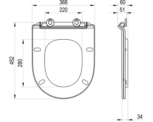 Technický výkres toaletního sedátka s rozměry: šířka 368 milimetrů, délka 452 milimetrů, rozteč otvorů 220 milimetrů.