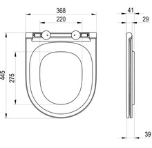 Technický výkres WC sedátka v pohledu shora a z boku s rozměry 368 milimetrů na šířku a 445 milimetrů na délku.