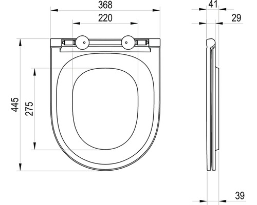 Technický výkres WC sedátka v pohledu shora a z boku s rozměry 368 milimetrů na šířku a 445 milimetrů na délku.
