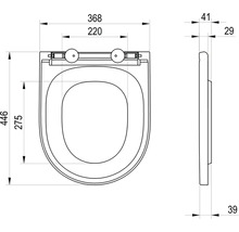 Technický nákres záchodového prkénka s rozměry v milimetrech.