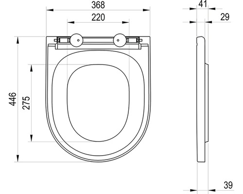 Technický nákres záchodového prkénka s rozměry v milimetrech.