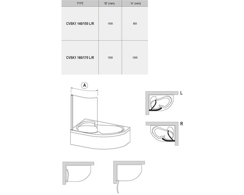 Technický nákres pro vanovou zástěnu CVSK1 s tabulkou rozměrů a variantami pro levou nebo pravou montáž.