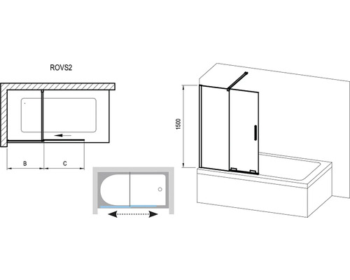 Technický výkres vanové zástěny model ROVS2 s rozměry a výškou 1500 milimetrů.