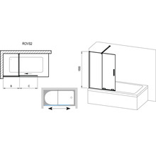 Technický nákres vanové zástěny ROVS2 s posuvnou funkcí a výškou 1500 milimetrů.